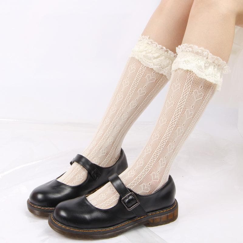 Sweetheart Lace Ruffle Knee-High Socks | Delicate Heart Knit | Cozy Fall & Coquette Style