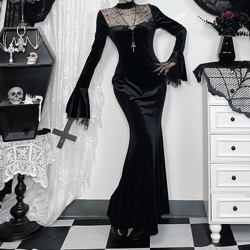 Haute Halloween: Black Velvet Spiderweb Maxi Dress - Elegant Gothic Glamour