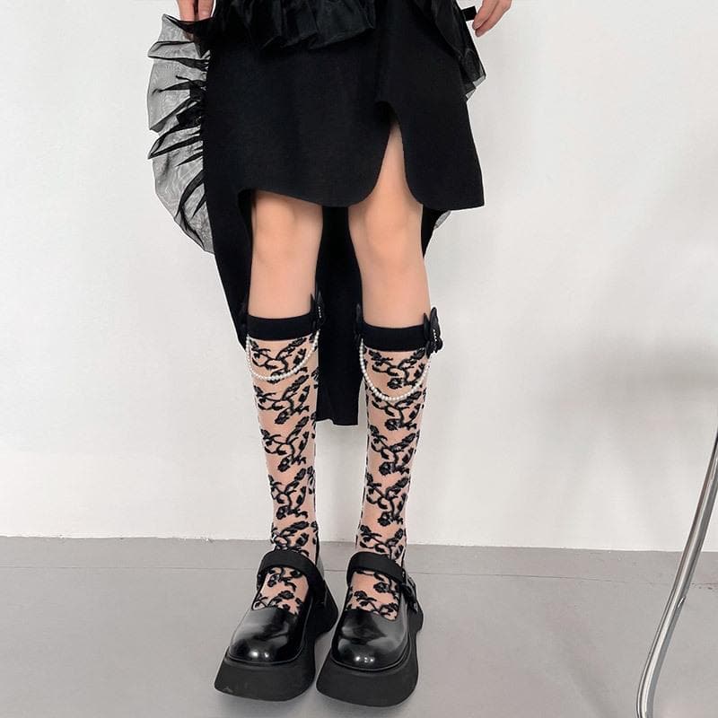 Whimsigoth Luxe Pearl Chain Sheer Knee-High Socks - Fall & Halloween Ready