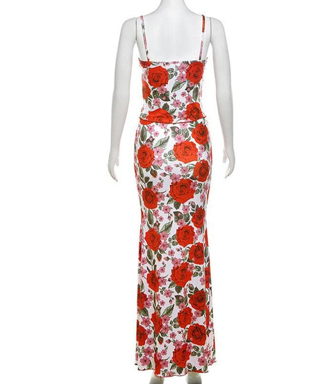 Romantic Red Rose Floral Cami & Maxi Skirt Set - Fall Chic Two-Piece Outfit for Women