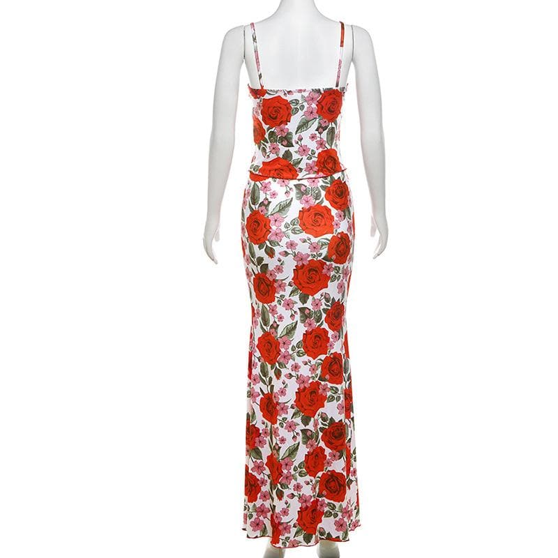 Romantic Red Rose Floral Cami & Maxi Skirt Set - Fall Chic Two-Piece Outfit for Women