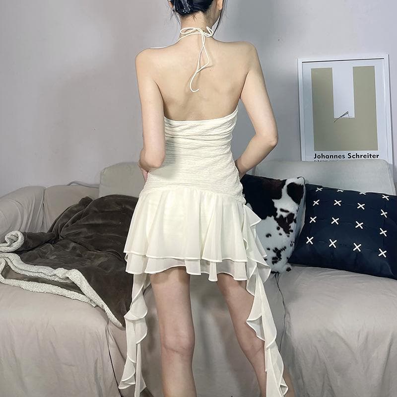 Effortless Elegance: White Ruffle Halter Mini Dress for Fall Parties & Getaways