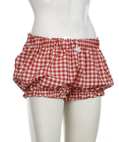Sweet & Cozy Red Gingham Ruffle Lounge Shorts with Bow - Effortless Fall Comfort