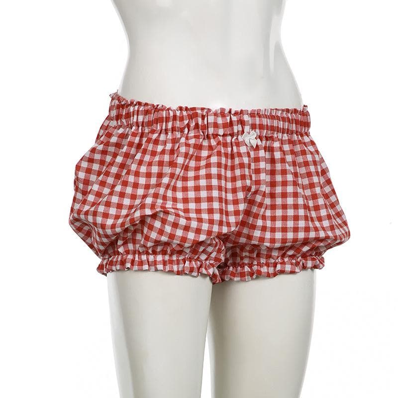 Sweet & Cozy Red Gingham Ruffle Lounge Shorts with Bow - Effortless Fall Comfort