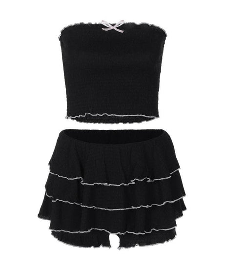 Coquette Chic Black Ruffle Mini Set - Bowknot Tube Top & Tiered Shorts for Fall Parties