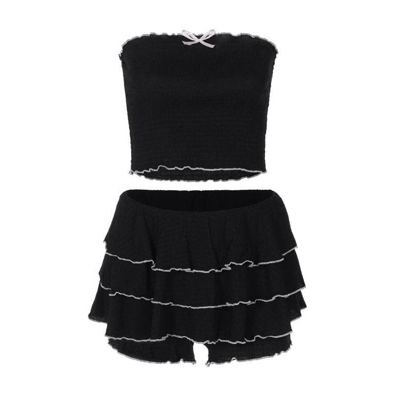 Coquette Chic Black Ruffle Mini Set - Bowknot Tube Top & Tiered Shorts for Fall Parties