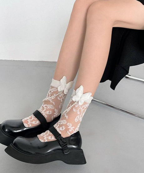 Enchanted Eve Sheer Floral Socks with Pearl Bow - Elevate Your Fall & Halloween Style