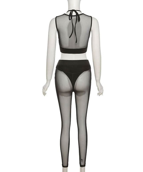 Sultry Sheer Mesh Halter Crop Top & High-Waist Leggings Set – Your Ultimate Halloween, Club & Festival Look