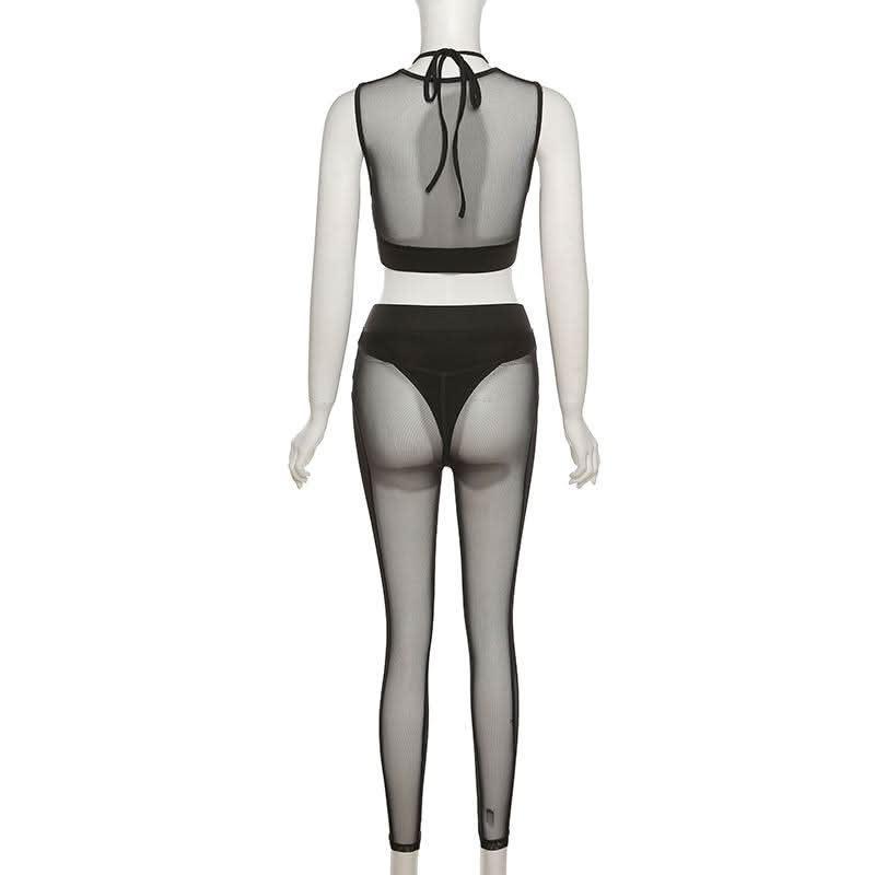 Sultry Sheer Mesh Halter Crop Top & High-Waist Leggings Set – Your Ultimate Halloween, Club & Festival Look