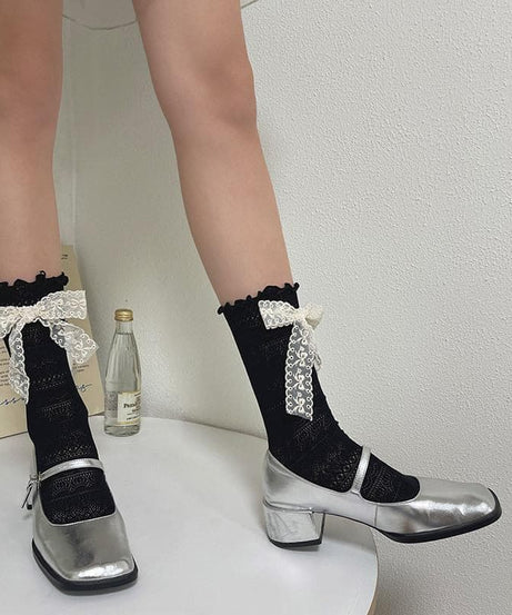 Delicate Lace Bow Ruffle Mid-Calf Socks – Enchanting Fall & Holiday Style