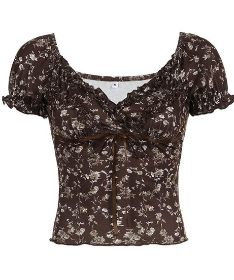 Autumn Bloom Brown Floral Sweetheart Top - Chic Puff Sleeve Ruffle Blouse
