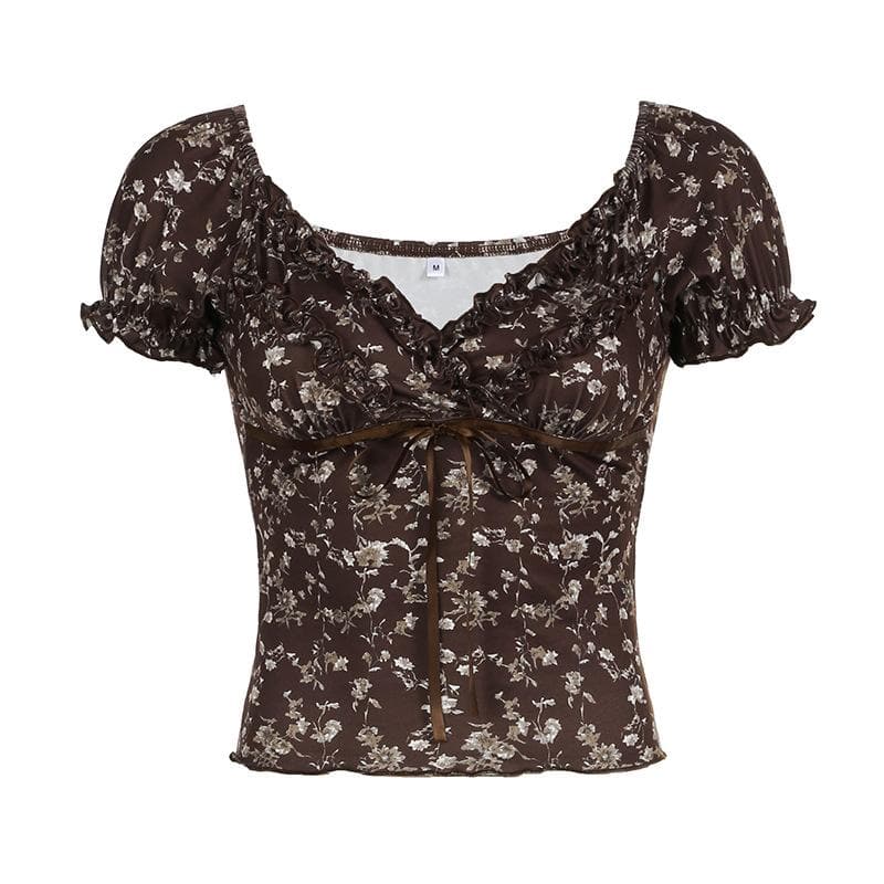 Autumn Bloom Brown Floral Sweetheart Top - Chic Puff Sleeve Ruffle Blouse