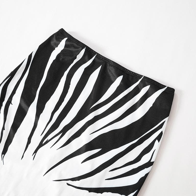 Fall Glam: Zebra Print Two-Piece Maxi Skirt Set with Mythical Graphic Crop Top - Statement Co-ord for Women