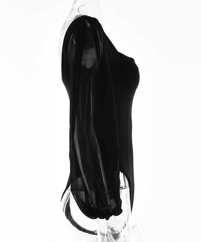Effortless Elegance: Backless Sweetheart Bodysuit with Sheer Puff Sleeves | Fall & Holiday Chic
