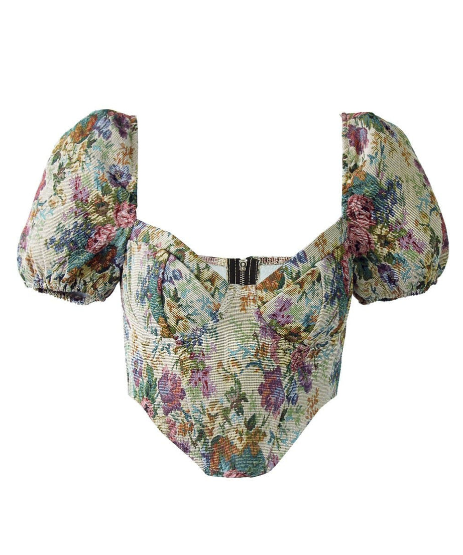 Vintage Bloom Tapestry Floral Bustier Crop Top with Puff Sleeves - Fall 2025 Collection