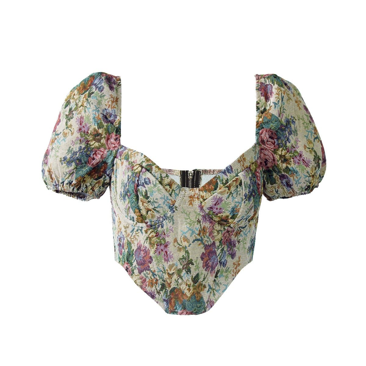 Vintage Bloom Tapestry Floral Bustier Crop Top with Puff Sleeves - Fall 2025 Collection