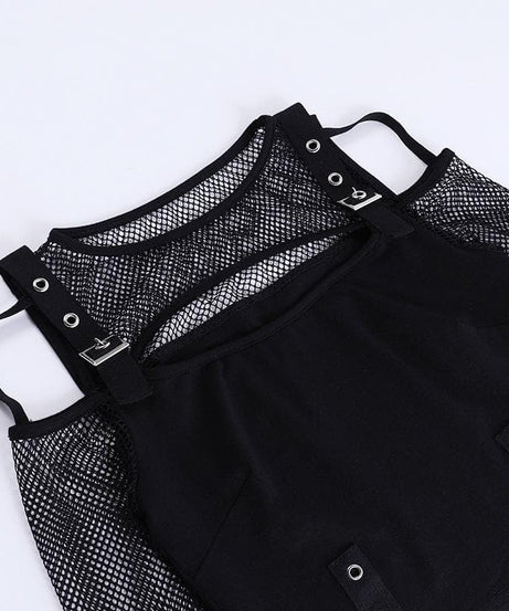 Y2K Alt Fishnet Buckle Crop Top | Off-Shoulder & Cut-Out - Your Edgy Fall & Halloween Essential