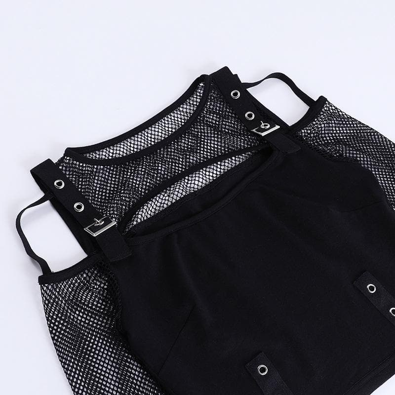 Y2K Alt Fishnet Buckle Crop Top | Off-Shoulder & Cut-Out - Your Edgy Fall & Halloween Essential