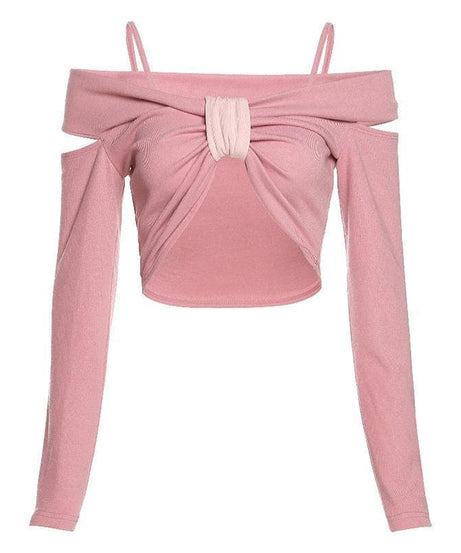 Blush Pink Cold Shoulder Knotted Crop Top - Trendy Long Sleeve & Strappy Fall Fashion for Women
