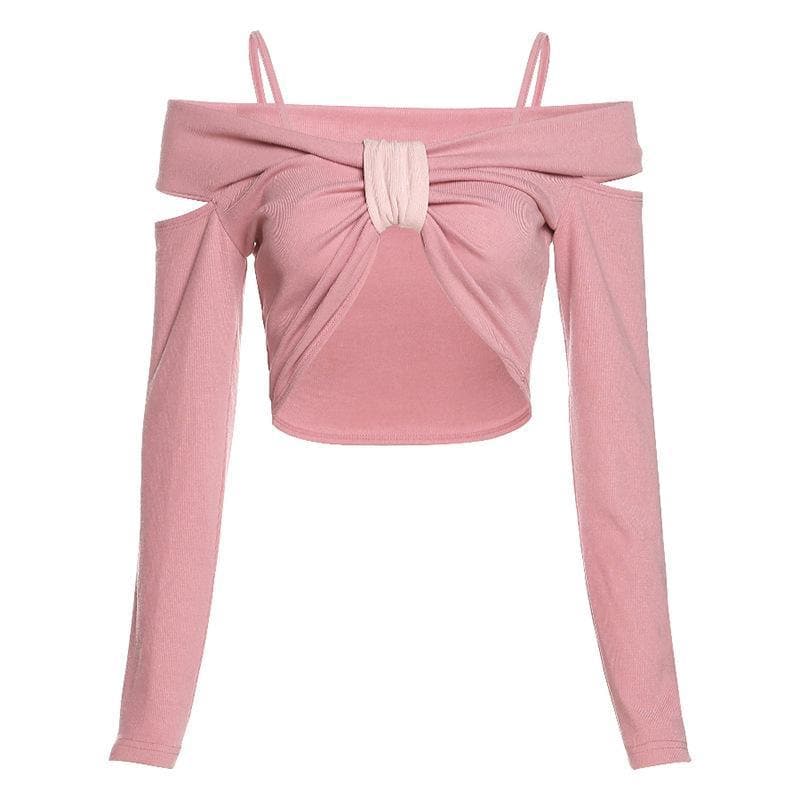 Blush Pink Cold Shoulder Knotted Crop Top - Trendy Long Sleeve & Strappy Fall Fashion for Women