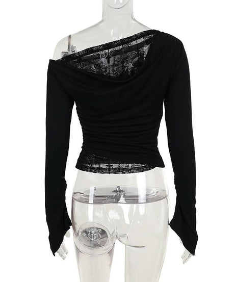 Fall Nights Edgy Chic: Black Lace & Mesh Off-Shoulder Long Sleeve Top for Women