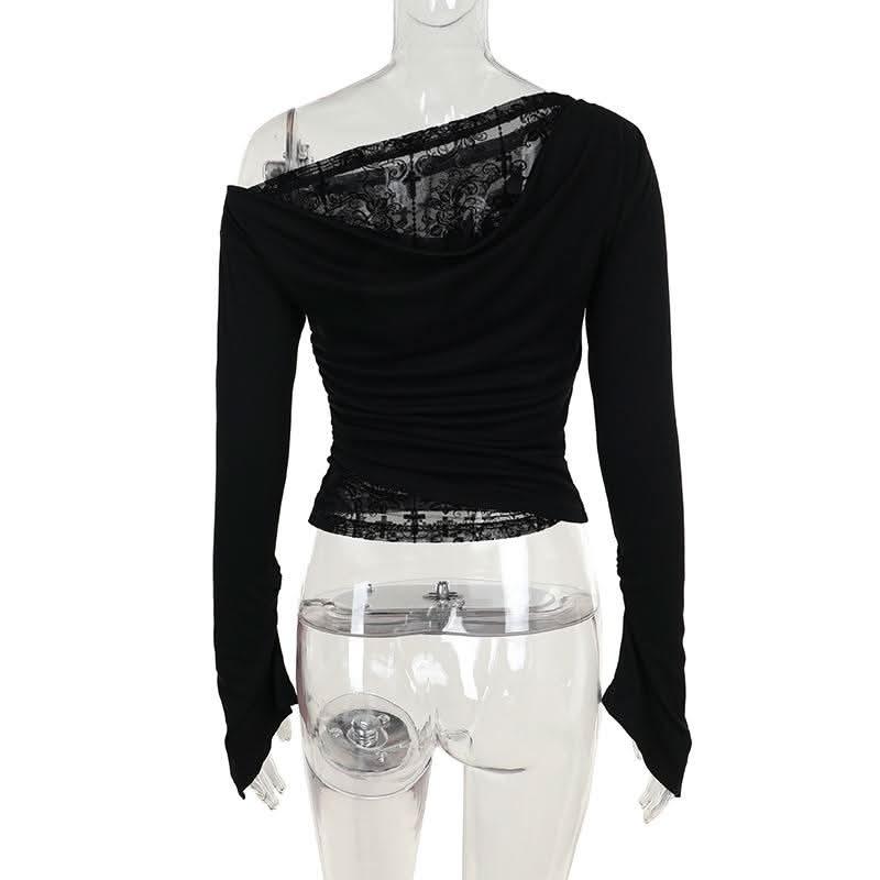 Fall Nights Edgy Chic: Black Lace & Mesh Off-Shoulder Long Sleeve Top for Women