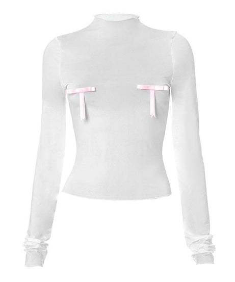Flirty Coquette Pink Bow Sheer Mesh Mock Neck Top - Fall Layering & Party Essential