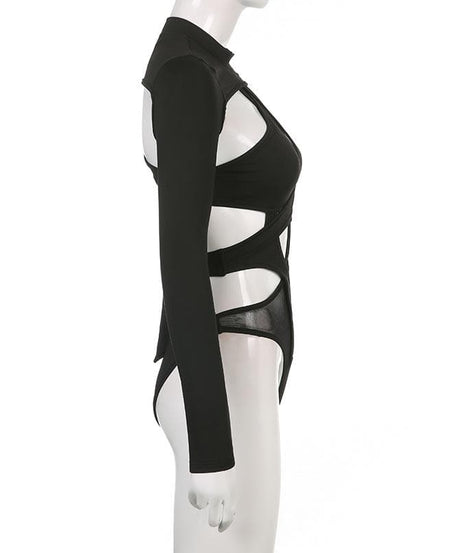 Edgy Long Sleeve Cutout Mesh Bodysuit - Your Daring Night Out & Halloween Statement Piece