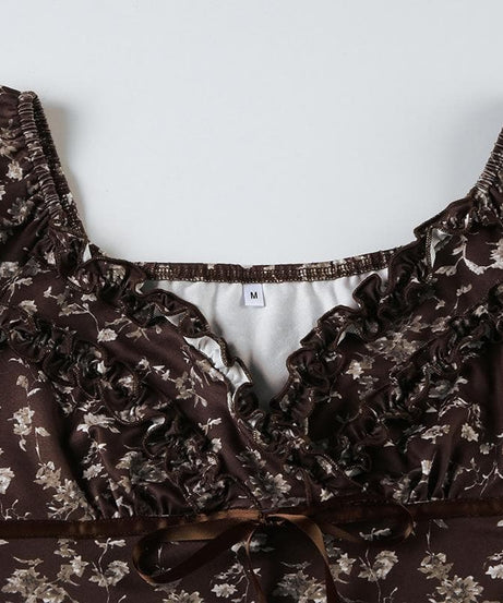 Autumn Bloom Brown Floral Sweetheart Top - Chic Puff Sleeve Ruffle Blouse