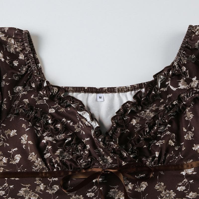 Autumn Bloom Brown Floral Sweetheart Top - Chic Puff Sleeve Ruffle Blouse