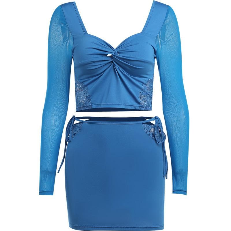 Royal Blue Obsession: Mesh & Lace Cutout Mini Skirt Set - Fall Night Out