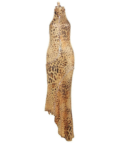 Allure & Edge: Leopard Print Halter Maxi Dress with Backless Design & Asymmetrical Lacing - Your Fall & Holiday Statement Piece