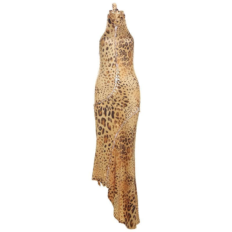 Allure & Edge: Leopard Print Halter Maxi Dress with Backless Design & Asymmetrical Lacing - Your Fall & Holiday Statement Piece