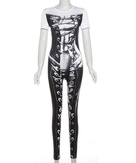 Halloween Ready! Edgy Corset Lace-Up Illusion Print Zip-Up Jumpsuit - Y2K Grunge Bodycon