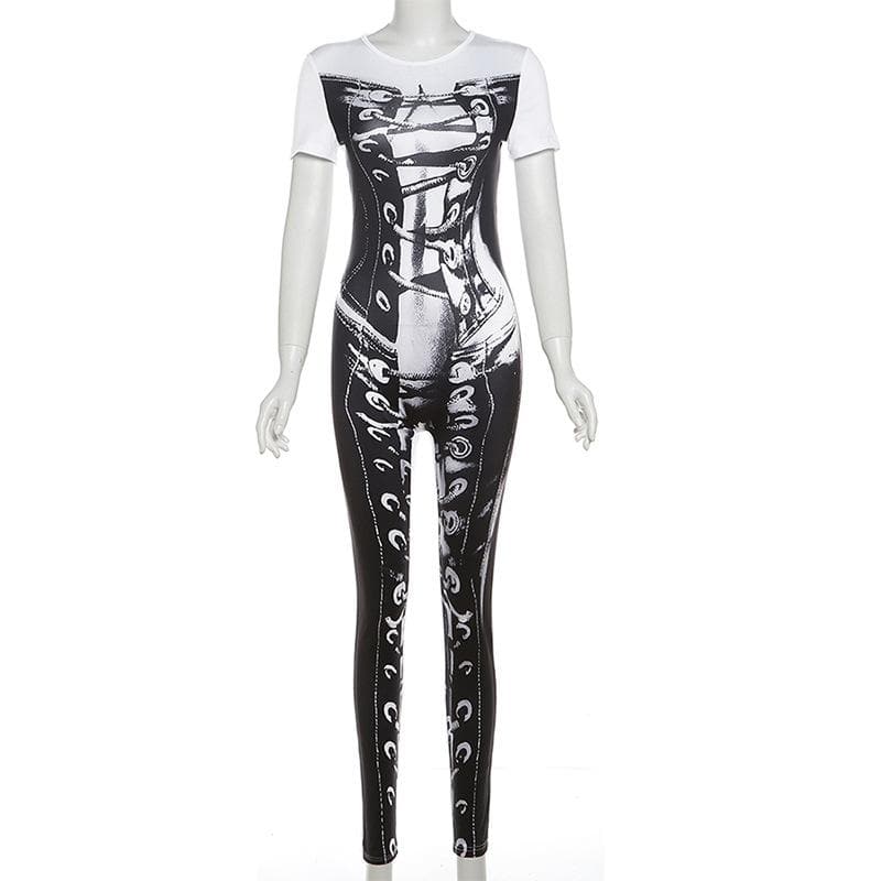 Halloween Ready! Edgy Corset Lace-Up Illusion Print Zip-Up Jumpsuit - Y2K Grunge Bodycon