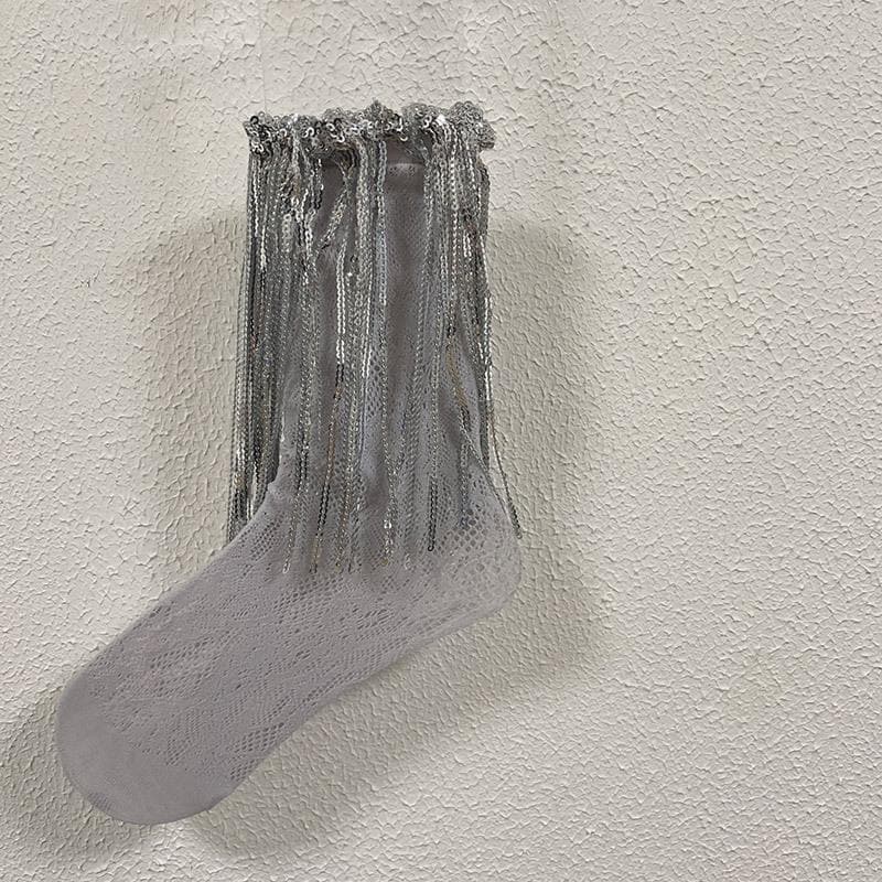 Dazzling Silver Fringe & Lace Ankle Socks – Your Ultimate Holiday Party Statement!