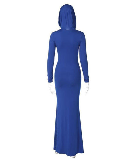 Chic Royal Blue Hooded Maxi Dress - Long Sleeve Fall & Holiday Essential