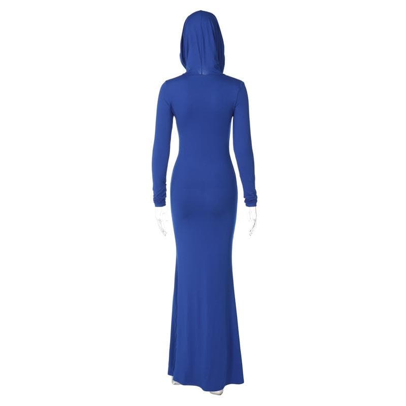 Chic Royal Blue Hooded Maxi Dress - Long Sleeve Fall & Holiday Essential