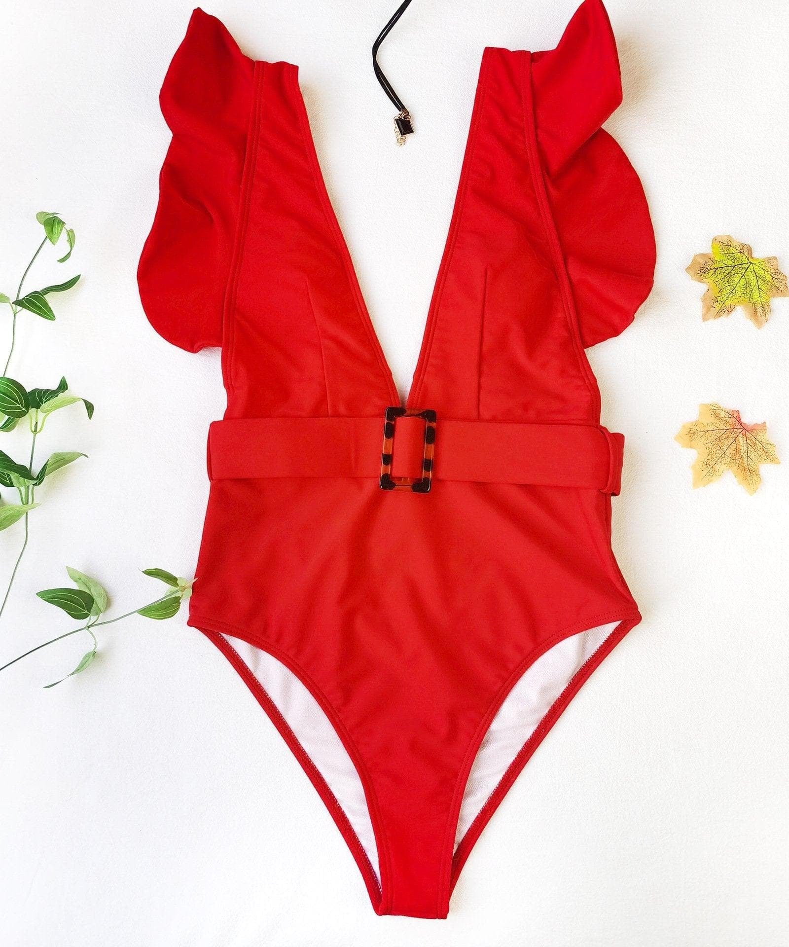 Chic White Ruffle V-Neck One-Piece Swimsuit with Tortoiseshell Buckle | Your Resort & Winter Vacation Essential