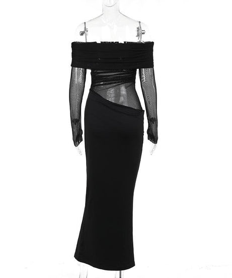 Alluring Black Mesh Off-Shoulder Maxi Dress - Ruched Evening Gown for Fall & Holiday Parties