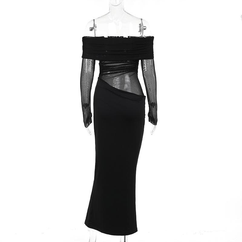 Alluring Black Mesh Off-Shoulder Maxi Dress - Ruched Evening Gown for Fall & Holiday Parties