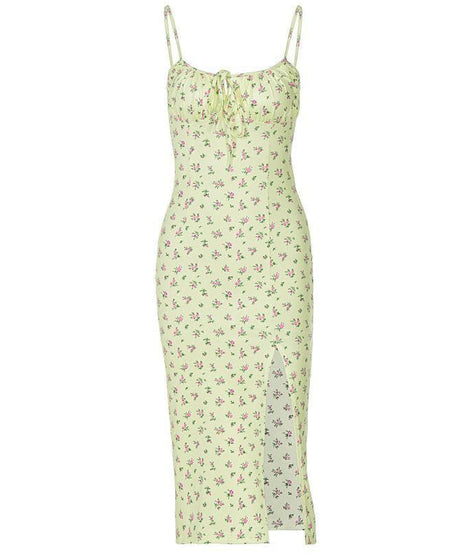 Romantic Blue Floral Midi Slip Dress with Slit - Sweetheart Neck, Perfect for Fall Dates & Resort Getaways