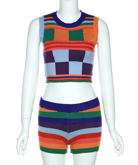 Groovy Getaway Knit Set: Vibrant Checkerboard Crop Top & Striped Shorts