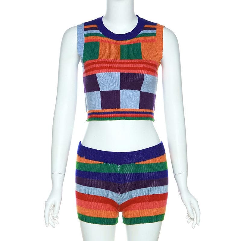 Groovy Getaway Knit Set: Vibrant Checkerboard Crop Top & Striped Shorts