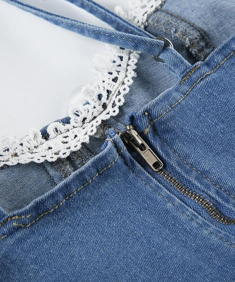 Y2K Coquette Denim Bustier Cami Top with Dainty Lace & Bow - Fall Ready Frayed Hem