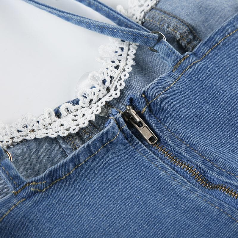 Y2K Coquette Denim Bustier Cami Top with Dainty Lace & Bow - Fall Ready Frayed Hem