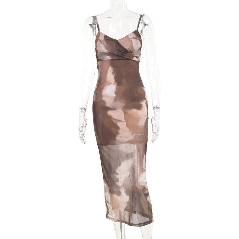 Fall Chic "Latte Haze" Ruched Mesh Tie-Dye Midi Dress for Women