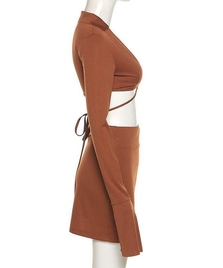 Autumn Radiance: Chic Flared Sleeve Crop Top & Slit Mini Skirt Set