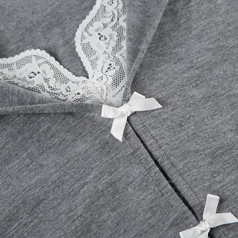 Fall Coquette Bow-Front Hooded Crop Top - Y2K Lace-Trim Long Sleeve for Women