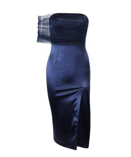 Sophisticated Midnight Blue Asymmetrical Mesh Ruched Midi Dress - Elegant Slit & Strapless Style for Holiday Parties